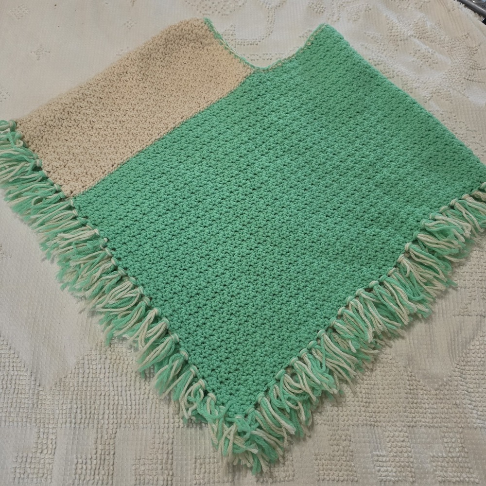 Retro 70s Granny Crochet Poncho OS Hippie Boho Fringe Cream & Mint Vintage OS